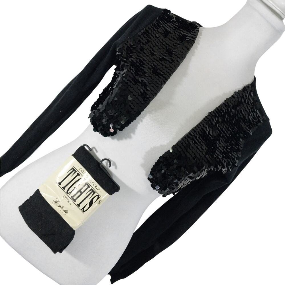 JUSTICE! LUXE BLACK SEQUINNED BOLERO STYLE SWEATER, + NEW BLACK TIGHTS! SZ 12/14